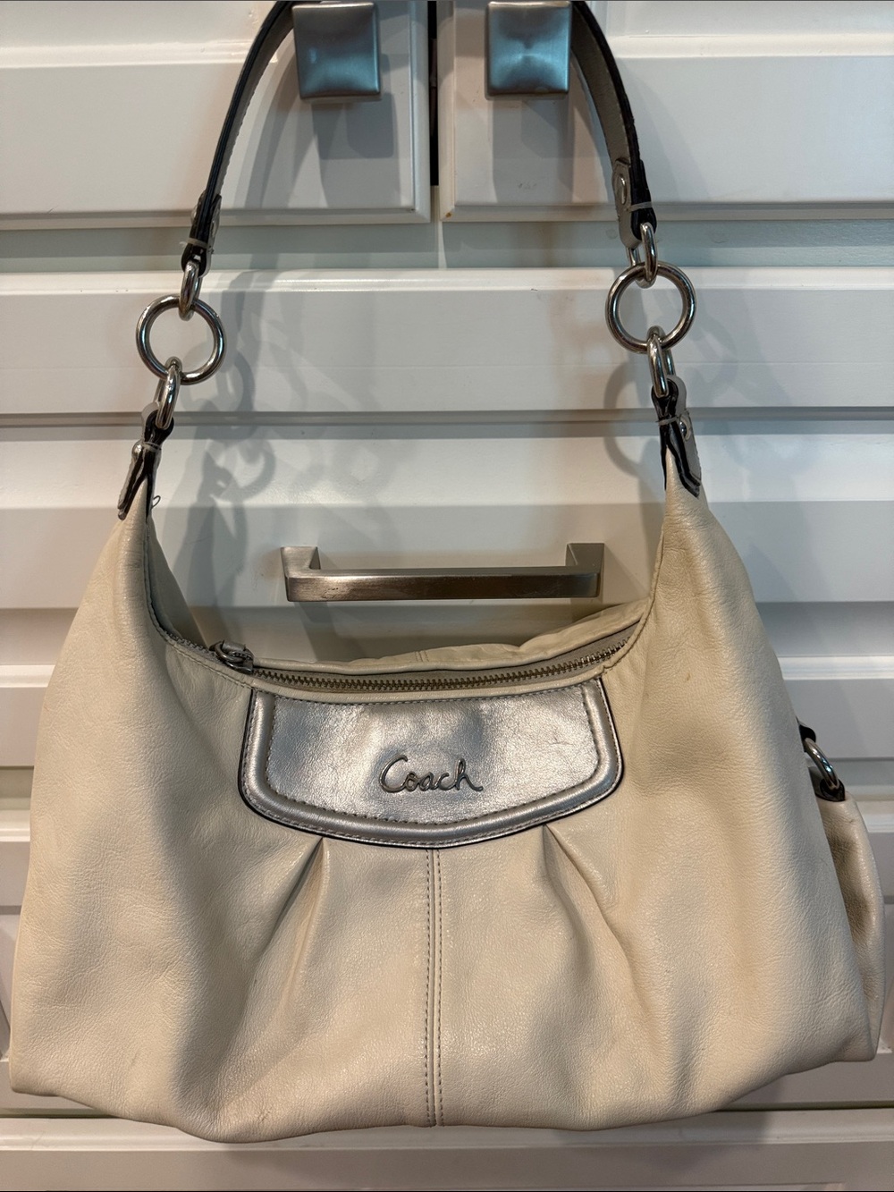Coach Ivory Leather Shoulder Bag with Silver Accent